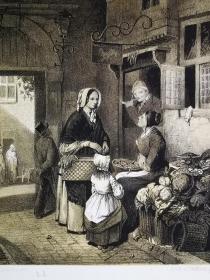 1851年石版画《巷子里的蔬菜摊eene groenvrouw》尺寸34*25.7厘米--出自荷兰画家、平版画家、摄影师，威廉·里克斯Willem Rikkers，1812-1873,油画作品，并雕刻，荷兰出版