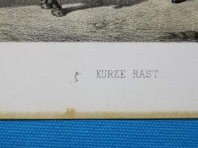 1876年石版画《短暂的歇息Kurze Rast》尺寸26.8*21厘米---出自德国画家，莫里茨布兰卡特Moritz Blanckarts,1839-1883,油画作品，以军事题材为主