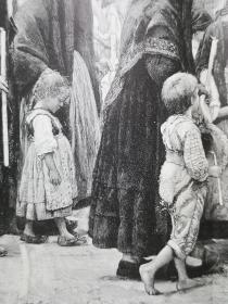 1895年大幅木刻版画《一个孩子的葬礼Leichenbegängnis eines Kindes》尺寸55*40.4厘米，背面空白，-出自意大利画家路易吉·诺诺 (Luigi Nono,1850-1918) 的油画作品，主要以其描绘穷人生活的风俗场景而闻名