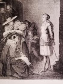 1876年石版画《圣女贞德在鲁昂监狱jeanne d'arc im gefängnisse zu rouen》尺寸32.5*25.2厘米--鲁昂是法国北部诺曼底地区的首府，圣女贞德Joan of Arc，1412-1431，是英法百年战争中的法国传奇女英雄，1430年在一次冲突中被俘，出自19世纪德国画家，Fritz Roeber（1849–1924）的油画作品 ,雕刻师C.Sussnapp