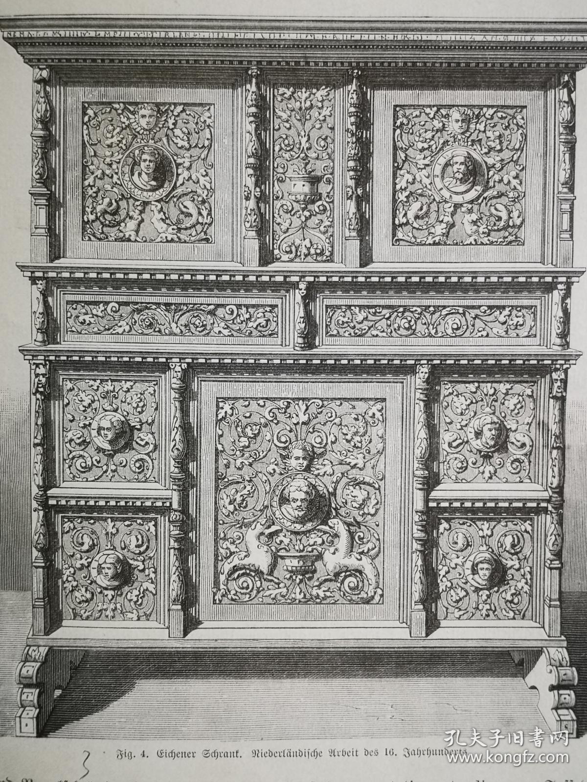 1884年木版画《柏林工艺美术博物馆的藏品--橡木橱柜.16世纪的荷兰作品eichener schrank. niederländische arbeit des 16.jahrhunderts 》尺寸27.5*19.2厘米，反面有字