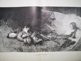 1895年大幅木刻版画,《熟睡的圣女贞德受到天使的庇护jeanne d'arc》尺寸55*40.4厘米，背面空白，出自英国画家，乔治·威廉姆斯·乔伊（George Williams Joy，1844–1925）的油画作品