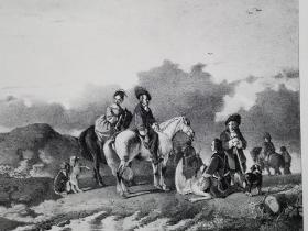 1846年石版画《狩猎eene groep jagers en paarden》尺寸34*25.5厘米--出自比利时画家,约瑟夫·莫伦豪特(Jozef Moerenhout,1801 - 1875)，油画作品，雕刻师J.C.d'Arnaud Gerkens,荷兰出版