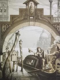 1853年石版画《威尼斯的贡多拉之旅gondelfahrt》尺寸26.5*20.1厘米，出自德国画家和插画家,卡斯帕·舍伦Caspar Scheuren (1810–1887)绘画作品，贡多拉是一种传统的平底威尼斯划艇，非常适合威尼斯泻湖的条件。它通常由船夫推动，船夫使用未固定在船体上的划桨以划桨的方式并同时充当方向舵