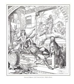 1886年木刻版画《骑士之梦》（Der Traum ein Leben）-- 取材19世纪奥地利诗人，弗朗茨·格里帕泽（Franz Seraphicus Grillparzer，1791-1872）作于1834年的诗歌《幻梦人生》，鲁斯坦在梦中的种种经历使他认识到，大人物是危险的，荣耀不过是空虚的玩耍，而欲望只能给他带来罪愆 -- 奥地利维也纳艺术画廊出版 -- 版画纸张39*29厘米