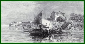 1897年铜版蚀刻版画《风景画：威尼斯潟湖》（LAGUNE BEI VENEDIG）-- 出自雕刻师W.Woernle的原创蚀刻作品 -- 维也纳艺术画廊出版 -- 版画纸张39*29厘米