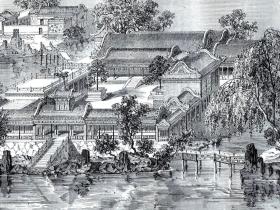 【G501】1864年木刻版画《北京圆明园胜景之：蓬岛瑶台（蓬莱洲）》（Palais d'ete：Le palais des Genies et des Pierres precieuses）-- 蓬岛瑶台是圆明园四十景之一；建于1725年（雍正三年）前后，时称蓬莱洲，乾隆初年定名蓬岛瑶台；在福海中央作方丈、蓬莱、瀛洲大小三岛，岛上建筑为仙山楼阁之状 -- 版画纸张29.5*21厘米