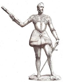 1875年雕刻版画《中世纪名将唐·胡安：在勒班托海战率西班牙无敌舰队击败奥斯曼海军，征服地中海》（Don Juan d'Austria，Bronzestandbild in Messina）-- 依据意大利西西里岛墨西拿的青铜雕塑 -- 唐·胡安（1547-1578）西班牙帝国全盛时期的将军，1571年领导西班牙无敌舰队取得勒班陀海战胜利 -- 德国莱比锡艺术画廊，版画纸张28*19厘米，背后空白