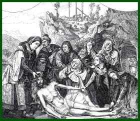 19世纪木刻版画《入葬》（The Burial of Christ）-- 出自17世纪著名佛兰德画家，雅各布·乔登斯（Jacob Jordaens，1593-1678）的油画作品，藏于比利时安特卫普美术博物馆 -- 后附卡纸30*21厘米，版画纸张15*14厘米