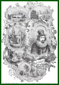 19世纪木刻版画《英国文艺复兴时期散文家、哲学家：弗朗西斯·培根》（Lord Bacon and his Localities）-- 后附卡纸20*21厘米，版画纸张21*13厘米