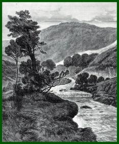 19世纪木刻版画《风景画：格伦科峡谷的溪流，苏格兰高地》（A Highland Mountain Stream）-- 出自英国维多利亚时期著名画家，埃德温·兰德希尔爵士（Edwin Landseer，1802-1873）的油画作品 -- 后附卡纸32*24厘米，版画纸张22.5*17厘米