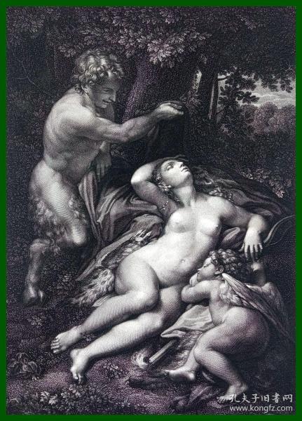 【世界名画】1880年铜凹版腐蚀版画《维纳斯、丘比特与森林之神》（JUPITER UND ANTIOPE）-- 出自文艺复兴时期意大利画家，柯雷乔（Correggio）油画，藏于卢浮宫 -- 这幅画曾是法国国王路易十四珍爱的藏品，它描绘美神维纳斯和小爱神丘比特正在酣睡，变成羊脚的森林神偷偷地将美神的衣服拿走，以喜悦的眼凝视着维纳斯丰满而柔美的胴体 -- 维也纳艺术画廊 -- 版画纸张34*26厘米