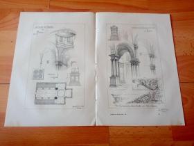 1879年木刻版画《文艺复兴建筑艺术：巴勒莫圣乔治教堂的建筑结构，意大利西西里岛》（S Giorgio dei Genovesi in Palermo）-- 圣乔治教堂位于西西里岛古城巴勒莫，建于公元1424年，于公元1576年正式罗成 -- 德国莱比锡艺术画廊 -- 版画纸张38.5*18厘米