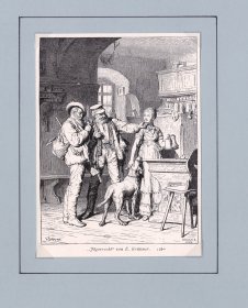 1880年木刻版画《猎人酒馆》（Jagerrecht）-- 出自德国画家，爱德华·冯·格鲁特纳（Eduard Von Grutzner，1846-1925）的绘画作品 -- 维也纳艺术画廊 -- 后附卡纸30*21厘米，版画纸张14*10.5厘米