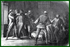1862年木刻版画《美国南北战争：“废奴主义者”约翰·多伊博士，被从密苏里州的圣何塞监狱中营救》（Prison de Saint-Joseph dans le Missouri：Delivrance du Dr Doy）-- 选自《环游世界》-- 版画纸张29*22厘米