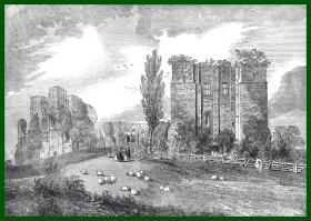 19世纪木刻版画《英国中世纪建筑景观：凯尼尔沃思城堡，沃里克郡》（View of Kenilworth Castle）-- 城堡始建于公元1125年，1563年，英国女王伊丽莎白一世把这座城堡送给了莱斯特伯爵Robert Dudley（传说中是伊丽莎白女王的情人），伯爵为了赢得女王芳心还修建了伊丽莎白风格的花园，城堡毁于1642年英国内战期间 -- 后附卡纸30*21厘米，版画纸张23*17厘米