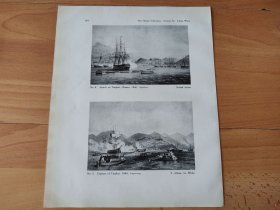 【G2308】1924年书页图版反正面4幅P124《第一次鸦片战争：攻打定海，占领定海，穿鼻口之战，琦善的舟山谈判》（attack on tinghai，chusan，capture of tinghai，volage and hyacinth at chuenpee，conference at chusan）--早期西方铜版画中的中国--摘自1924年《中国通商图》一书， 图版纸张30*24厘米