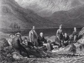 1886年钢版画《风景画：英伦湖区的湖光山色》（DRAWING THE NET AT HAWESWATER）-- 出自英国风景画家，Jacob Thompson（1806–1879）的绘画作品 -- 雕刻师：J.C.ARMYTAGE -- 选自《当代艺术精选》-- 版画纸张36.5*26厘米