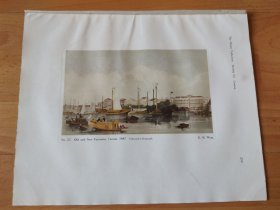 【G2455】1924年彩色书页图版P259《中国广州，广州珠江上的船舶及岸上的西方厂区，1847》（old and new factories，canton，1847）---摘自1924年的《中国通商图》一书-- 图版纸张30*24厘米