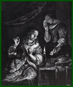 19世纪木刻版画《烛光下的信封》（Der Brief mit dem schwarzen Siegel）-- 出自17世纪荷兰黄金时代著名肖像画家，卡斯帕·内切尔（Caspar Netscher，1639-1684）的绘画作品 -- 后附卡纸30*21厘米，版画23.5*20厘米