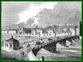 19世纪木刻版画《风景画：克莱德河上的斯托克威尔桥，苏格兰格拉斯哥》（Stockwell Bridge，Glasgow）-- 后附卡纸30*21厘米，版画纸张16*12厘米