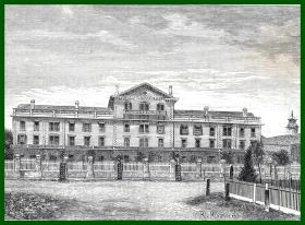 19世纪木刻版画《美国知名大学建筑景观（两幅）：圣塔克拉拉大学，美国加利福尼亚州》（Couvent des jesuites，Santa Clara）-- 圣塔克拉拉大学是美国著名高等学府，于公元1851年成立于加州圣塔克拉拉市，是加州硅谷的心脏地带，前身为教会所创办的圣塔克拉拉学院 -- 后附卡纸30*21厘米，版画纸张11*9、11*9厘米
