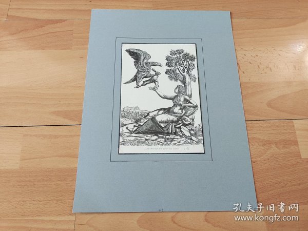 1886年木刻版画《希腊神话：狩猎女神与鵟鹰》（Das Weib mit dem Adler） -- 阿尔忒弥斯是古希腊神话中的狩猎女神，被称为“野兽的女主人与荒野的领主”，奥林匹斯十二主神之一；鹰是受许多神喜欢的鸟，被视为神圣的女神阿尔忒弥斯的圣动物 -- 维也纳艺术画廊出版 -- 版画19*13厘米，手工裱粘，纸张尺寸34*25厘米