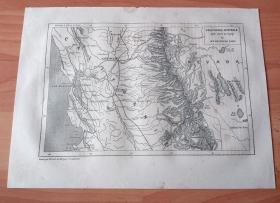 1875年木版雕刻地图《美国西海岸：加利福尼亚州地图》（CALIFORNIE CENTRALE pour servir au voyage）-- 如图所示加利福尼亚州地形：东部为内华达山脉，西部为太平洋海岸山脉，太平洋海岸山脉和内华达山脉之间为南北走向的中央谷地；主要城市有：旧金山、圣何塞、萨克拉门托 -- 选自《环游世界》-- 版画纸张29*22厘米