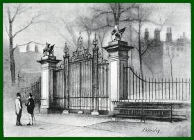 19世纪锌版画《艺术之门：英国伦敦皇家美术学院》（The Gate in Field Court）-- 伦敦皇家美术学院，是世界四大美术学院之一，坐落在伦敦市中心，1768年成立，为培育世界绘画、雕刻、建筑艺术英才做出了巨大贡献；1868年（建校一百周年）迁到如今的校址：皮卡迪利大街的伯灵顿大厦 -- 后附卡纸30*21厘米，版画纸张18.5*14厘米