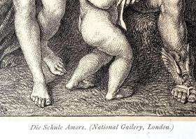 【世界名画】19世纪锌版画《爱神学校：维纳斯与赫尔墨斯教导小爱神》（Die Schule Amors）-- 出自文艺复兴时期意大利画家，柯雷乔（Antonio Correggio，1494-1534）作于1525年的油画，藏于伦敦国家美术馆 -- 取材古罗马神话，描绘神话中司教育的神赫耳墨斯，他和爱神维纳斯共同教育小丘比特 -- 后附卡纸30*21厘米，版画纸张19.5*12厘米