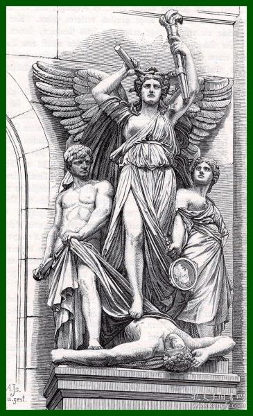 19世纪木刻版画《巴黎歌剧院著名雕塑：戏剧之神》（Der lyrische Drama，Gruppe von Perraud）-- 出自19世纪法国著名雕塑家，让·约瑟夫·佩罗（Jean Joseph Perraud，1819–1878）大理石雕塑作品 -- 该雕塑原为巴黎歌剧院外墙装饰雕塑 -- 后附卡纸30*21厘米，版画纸张16*11厘米