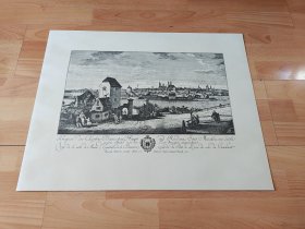 老的巨幅珂罗版版画《风景画：伊萨尔河畔历史名城，慕尼黑景观（18世纪）》（Prospect der Churfr Bairiscben Haupt und Residenz Stat Munchen）-- 出自并依据18世纪著名意大利风景画家，卡纳莱托（Canaletto，1697-1768）的绘画作品而雕刻的铜版画（版画制作于1772年）-- 版画纸张60*47厘米