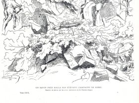 1882年雕刻版画《风景画： 罗马郊外的罗卡·圣斯特凡诺峡谷》（UN RAVIN PRES ROCCA SAN STEFANO（CAMPAGNE DE ROME））-- 出自法国画家，Théodore Claude Félix Caruelle d' Aligny（1798–1871）的绘画作品 -- 《法国艺术精选》-- 版画纸张43*30厘米