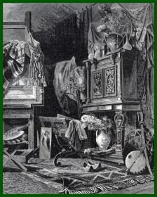 19世纪木刻版画《画家工作室：罗伯特·斯温·吉福德》（Studio of Mr R.Swain Gifford）-- 罗伯特·斯温·吉福德（Robert Swain Gifford，1840–1905），美国哈德逊画派风景画家 -- 后附卡纸30*21厘米，版画纸张18*14.5厘米