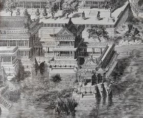 【G579】1864年巨幅木刻版画《北京圆明园胜景之：“方壶胜境”全景图》（Palais d'ete：Fang-hou-ching-king）-- 方壶胜境圆明园四十景之一，基本建成于乾隆三年（公元1738年），位于福海东北岸湾内，四宜书屋之东，涵虚朗鉴之北；是后代众多学者考证后公认的圆明园中最为宏伟美丽的建筑，是以人们想象中的仙山楼阁为题材而建造的 -- 版画纸张43*29.5厘米