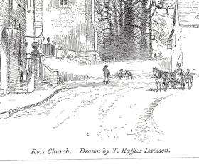 19世纪木刻版画《风景画：玫瑰教堂》（Ross Church）-- 出自英国画家，Thomas Raffles Davison的素描作品 -- 后附卡纸30*21厘米，版画纸张18*12厘米
