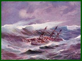 1901年彩色书页图版《台风中的中国古代帆船》（Im Taifun）-- 《清末的中国》-- 版画纸张31*23厘米