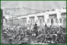 1862年木刻版画《安第斯山下的狂欢节，秘鲁阿雷基帕》（Le mardi gras a Arequipa）-- 阿雷基帕古城大部分由白色的火山岩石建成，该城有白城的称号。阿雷基帕古城是西班牙殖民者和当地土著居民的绝妙杰作 -- 选自《环游世界》-- 版画纸张29*22厘米