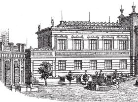 1886年木刻版画《古典建筑艺术瑰宝：什未林国立博物馆，德国前波美拉尼亚州》（Ansicht des Schweriner Museums）-- 什未林国立博物馆位于著名的什未林湖畔，是一座非常漂亮的希腊宫殿式建筑； 什未林国立博物馆是什未林城堡（始建于公元973年）的组成部分 -- 后附卡纸30*21厘米，版画纸张22.5*10厘米