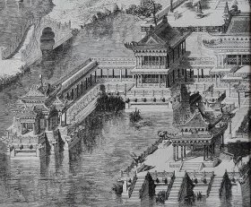 【G579】1864年巨幅木刻版画《北京圆明园胜景之：“方壶胜境”全景图》（Palais d'ete：Fang-hou-ching-king）-- 方壶胜境圆明园四十景之一，基本建成于乾隆三年（公元1738年），位于福海东北岸湾内，四宜书屋之东，涵虚朗鉴之北；是后代众多学者考证后公认的圆明园中最为宏伟美丽的建筑，是以人们想象中的仙山楼阁为题材而建造的 -- 版画纸张43*29.5厘米