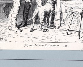 1880年木刻版画《猎人酒馆》（Jagerrecht）-- 出自德国画家，爱德华·冯·格鲁特纳（Eduard Von Grutzner，1846-1925）的绘画作品 -- 维也纳艺术画廊 -- 后附卡纸30*21厘米，版画纸张14*10.5厘米