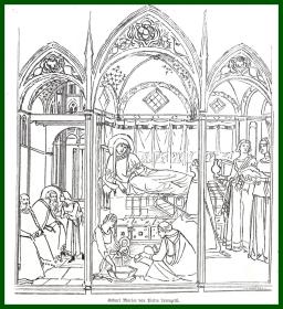 19世纪木刻版画《文艺复兴早期宗教画：玛利亚的诞生》（Geburt Mariae）-- 出自14世纪意大利画家，彼得罗·洛伦泽蒂（Pietro Lorenzetti，1280-1348）绘画作品 -- 后附卡纸30*21厘米，版画纸张16*15厘米