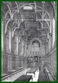 19世纪木刻版画《英国中世纪建筑景观（建筑瑰宝）：伦敦圣保罗大教堂--中殿》（Middle Temple Hall）-- 圣保罗大教堂是世界五大教堂之一，也是英国最大的教堂；最早建于公元604年，英国著名巴洛克设计大师和建筑家克里斯托弗·雷恩爵士在17世纪末完成这伦敦最伟大的教堂设计与重建 -- 后附卡纸20*21厘米，版画纸张22.5*16.5厘米