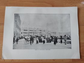 【G2140】1907年书页彩色图版《中国香港，香港湾仔海旁的车夫和轿夫》（modes of conveyance hong-kong）----- 图版尺寸26.5*18.5厘米
