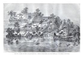 【G501】1864年木刻版画《北京圆明园胜景之：蓬岛瑶台（蓬莱洲）》（Palais d'ete：Le palais des Genies et des Pierres precieuses）-- 蓬岛瑶台是圆明园四十景之一；建于1725年（雍正三年）前后，时称蓬莱洲，乾隆初年定名蓬岛瑶台；在福海中央作方丈、蓬莱、瀛洲大小三岛，岛上建筑为仙山楼阁之状 -- 版画纸张29.5*21厘米