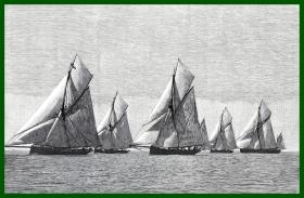 19世纪木刻版画《风景画：航海大赛的扬帆起航》（A Start）-- 后附卡纸30*21厘米，版画纸张18*12厘米