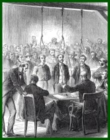 19世纪木刻版画《约翰·多伊博士（美国废奴运动的先驱和领导者）被美国联邦法庭判处死刑》（L'interogatoire du Dr Doy et de son Fils）-- 后附卡纸30*21厘米，版画纸张17*13.5厘米