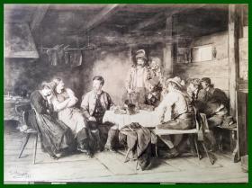 1880年原版蛋白照片《小酒馆内的社交沙龙》（The Tyrolean Salon）-- 出自奥地利风俗画家，弗朗兹·冯·德弗雷格（Franz von Defregger，1835-1921）的油画作品，藏于德国旧国家美术馆 -- 衬板40*31厘米，照片尺寸25*18.5厘米