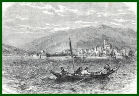 19世纪木刻版画《风景画：达尔马提亚的夸内罗湾与切尔索港，克罗地亚》（Iles du golfe du Quarnero：Le port de Cherso）-- 后附卡纸30*21厘米，版画纸张14*10、13*9厘米