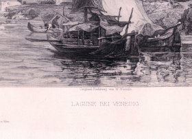 1897年铜版蚀刻版画《风景画：威尼斯潟湖》（LAGUNE BEI VENEDIG）-- 出自雕刻师W.Woernle的原创蚀刻作品 -- 维也纳艺术画廊出版 -- 版画纸张39*29厘米